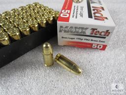 50 rounds 9mm Maxxtech ammo. 115 grain FMJ. Brass case reloadable