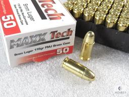 50 rounds 9mm Maxxtech ammo. 115 grain FMJ. Brass case reloadable