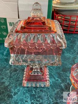 Glass Kings Crown Thumbprint Ruby Candy Dish with Lid