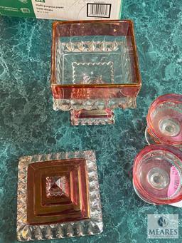 Glass Kings Crown Thumbprint Ruby Candy Dish with Lid