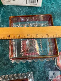 Glass Kings Crown Thumbprint Ruby Candy Dish with Lid