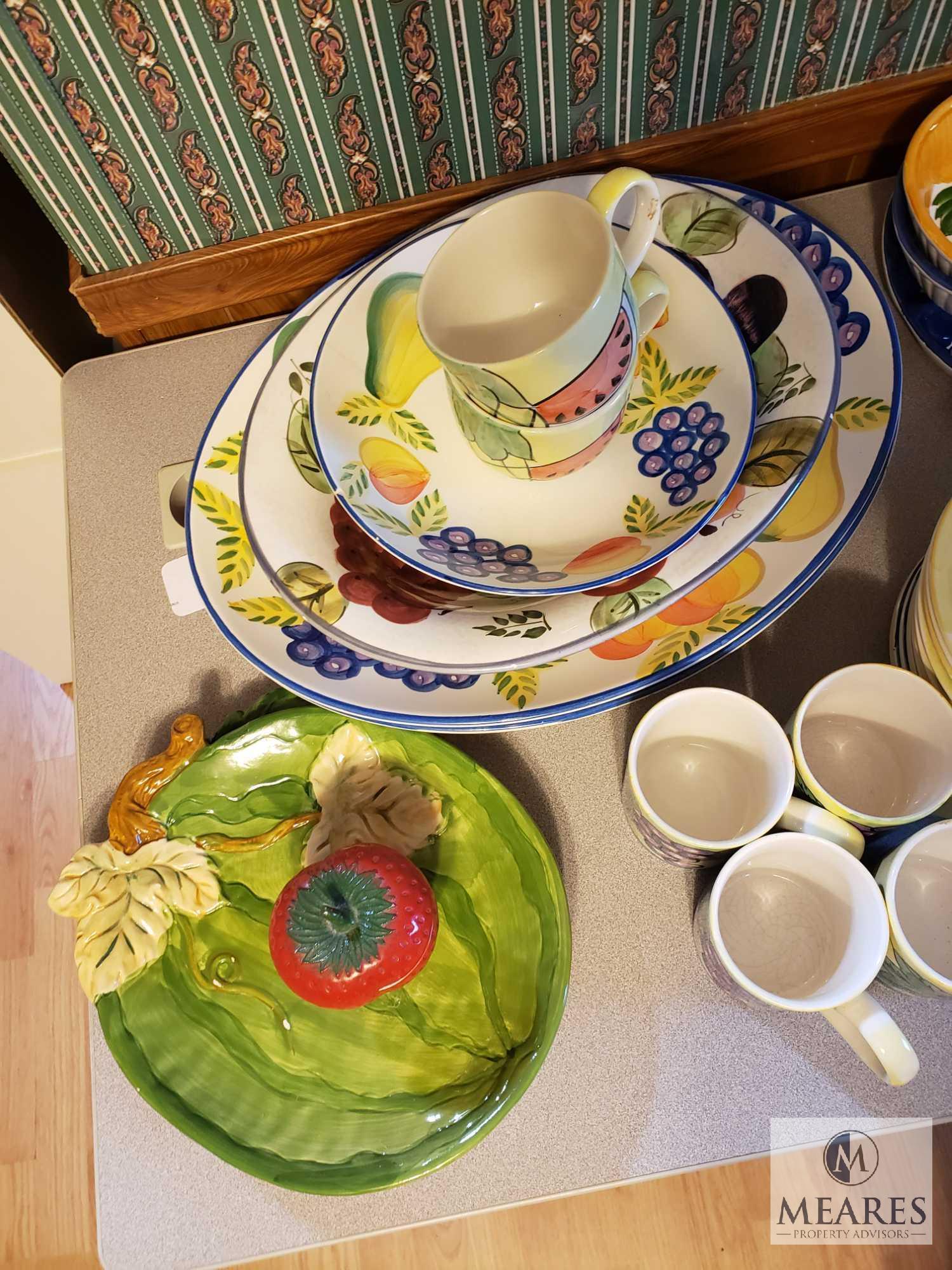 Large Assortment of Fruit Themed Dishes, Mugs, and Serving Plates