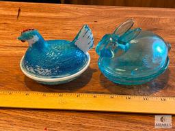 Painted Milk Glass Hen on a Nest and Bunny in a Basket