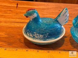 Painted Milk Glass Hen on a Nest and Bunny in a Basket