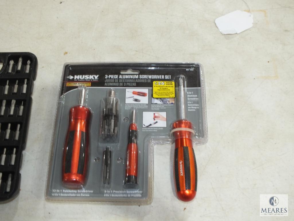 Lot Husky New 3 Pc Aluminum Screwdriver Set & Ratchet Screwdriver with Bits Set