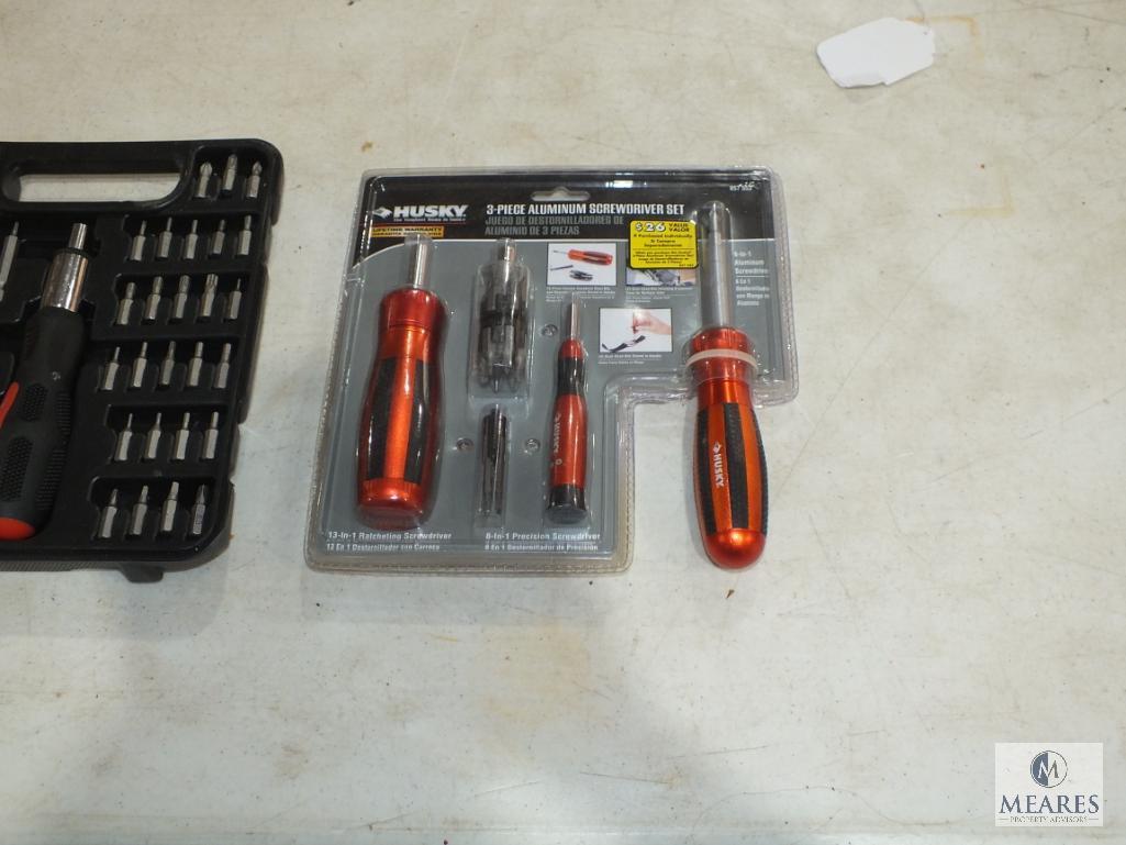 Lot Husky New 3 Pc Aluminum Screwdriver Set & Ratchet Screwdriver with Bits Set