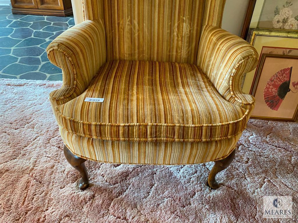 Vintage Broyhill Wingback Chair with Cabriole Legs and Harvest Color Pattern