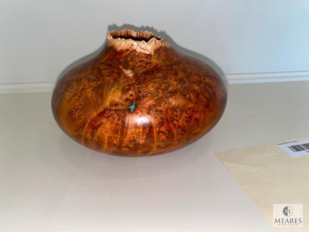 2002 Jack Rogers Smoke-Tree Sumac Burl Bowl with Turquoise Inlay