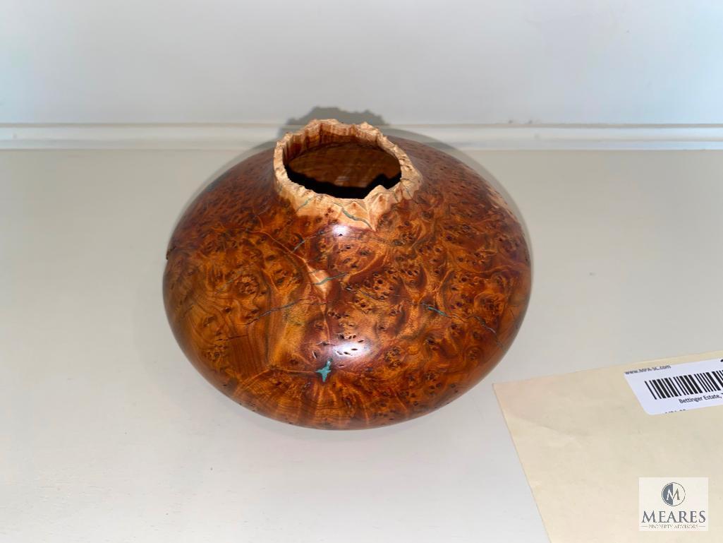 2002 Jack Rogers Smoke-Tree Sumac Burl Bowl with Turquoise Inlay