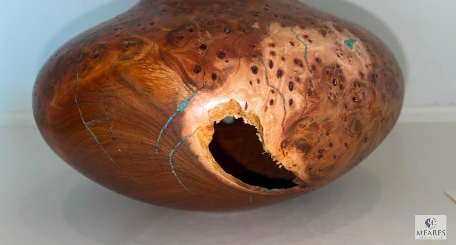 2002 Jack Rogers Smoke-Tree Sumac Burl Bowl with Turquoise Inlay