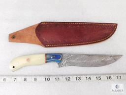 Fixed Blade Damascus Knife With Laminate Wood and Resin Handle and Leather Sheath