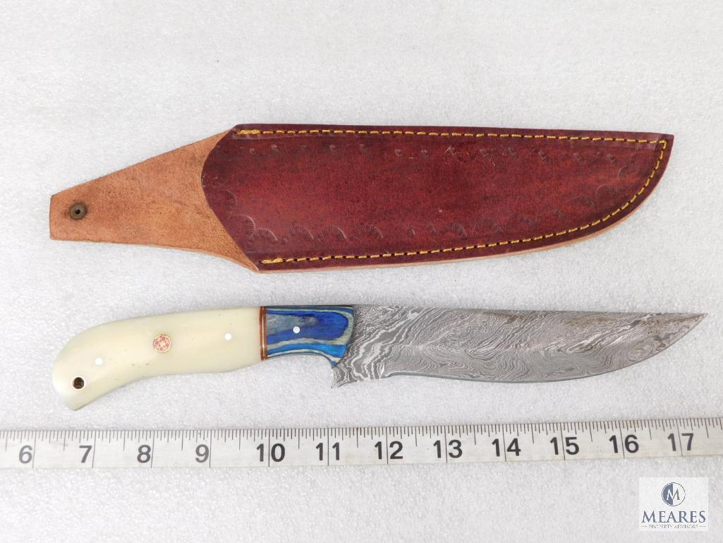 Fixed Blade Damascus Knife With Laminate Wood and Resin Handle and Leather Sheath