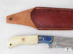 Fixed Blade Damascus Knife With Laminate Wood and Resin Handle and Leather Sheath