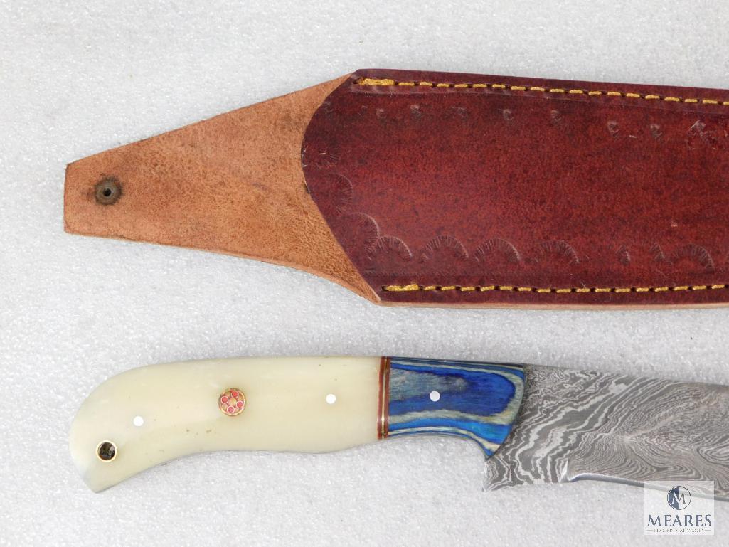 Fixed Blade Damascus Knife With Laminate Wood and Resin Handle and Leather Sheath