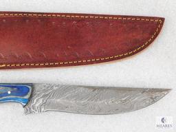 Fixed Blade Damascus Knife With Laminate Wood and Resin Handle and Leather Sheath