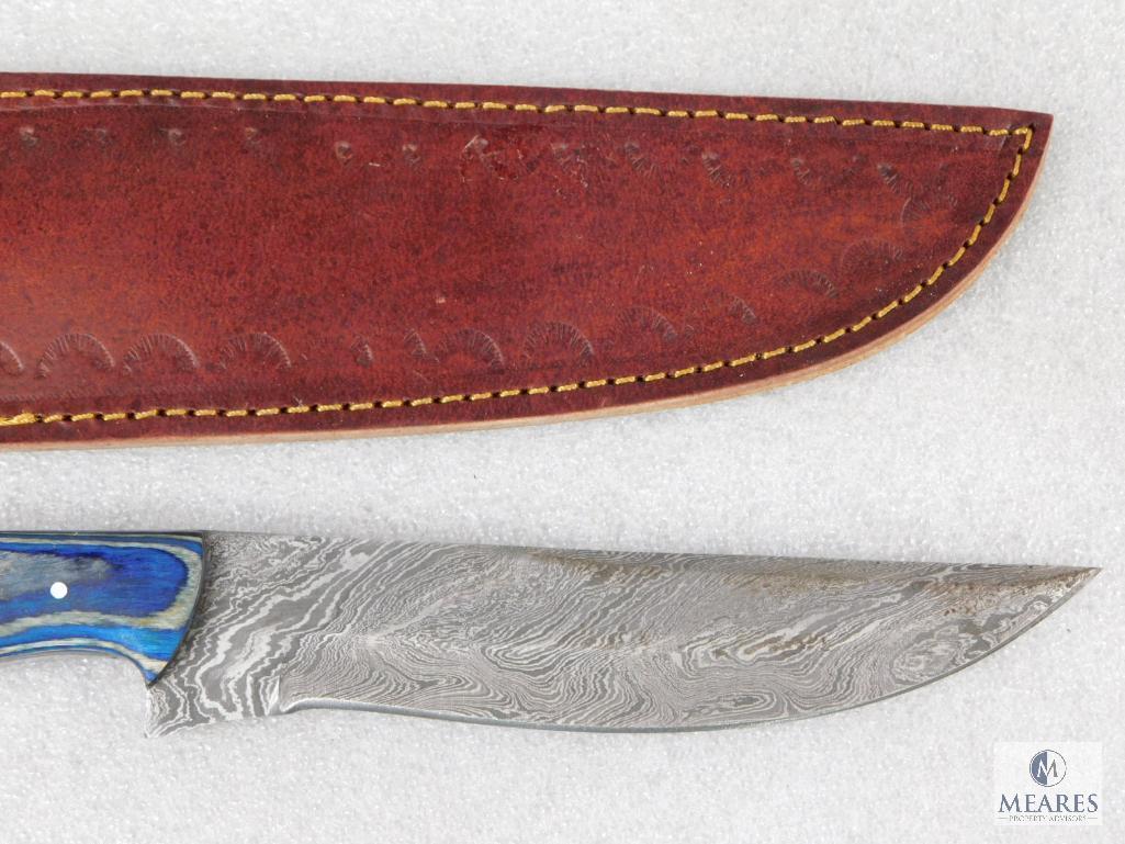 Fixed Blade Damascus Knife With Laminate Wood and Resin Handle and Leather Sheath