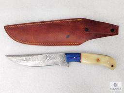 Fixed Blade Damascus Knife With Laminate Wood and Resin Handle and Leather Sheath