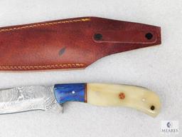 Fixed Blade Damascus Knife With Laminate Wood and Resin Handle and Leather Sheath
