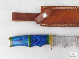 Fixed Blade Damascus Knife With Laminate and Brass Handle With Leather Sheath
