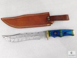 Fixed Blade Damascus Knife With Laminate and Brass Handle With Leather Sheath