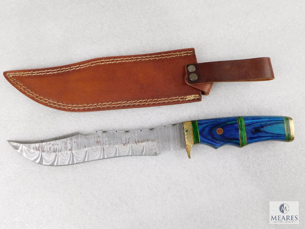 Fixed Blade Damascus Knife With Laminate and Brass Handle With Leather Sheath