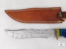 Fixed Blade Damascus Knife With Laminate and Brass Handle With Leather Sheath
