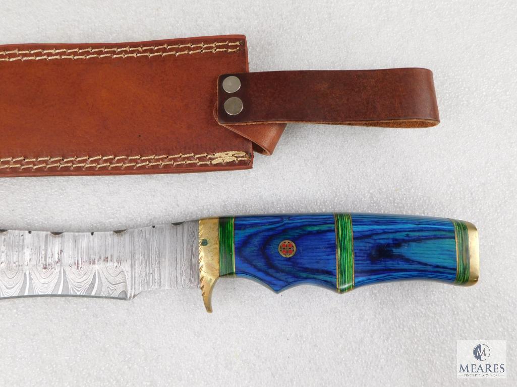 Fixed Blade Damascus Knife With Laminate and Brass Handle With Leather Sheath