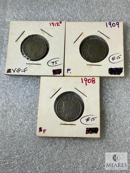 1908 & 1909 Fine Liberty Nickels & 1912-D, VG-F