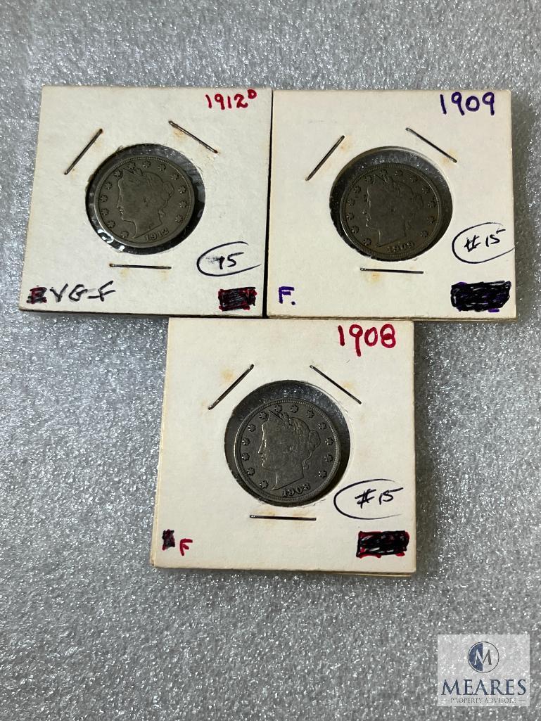 1908 & 1909 Fine Liberty Nickels & 1912-D, VG-F