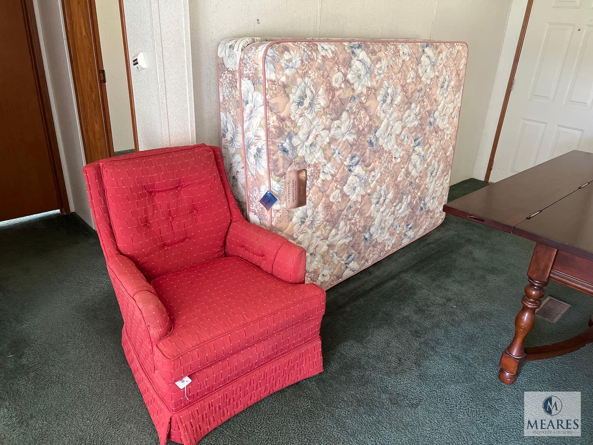 Red Upholstered Chair and Full-size Timeless Bedding Satin Touch Mattress