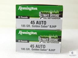 40 Rounds Remington Ultimate Defense .45 ACP Ammo. 185 Grain Jacketed Hollow Point