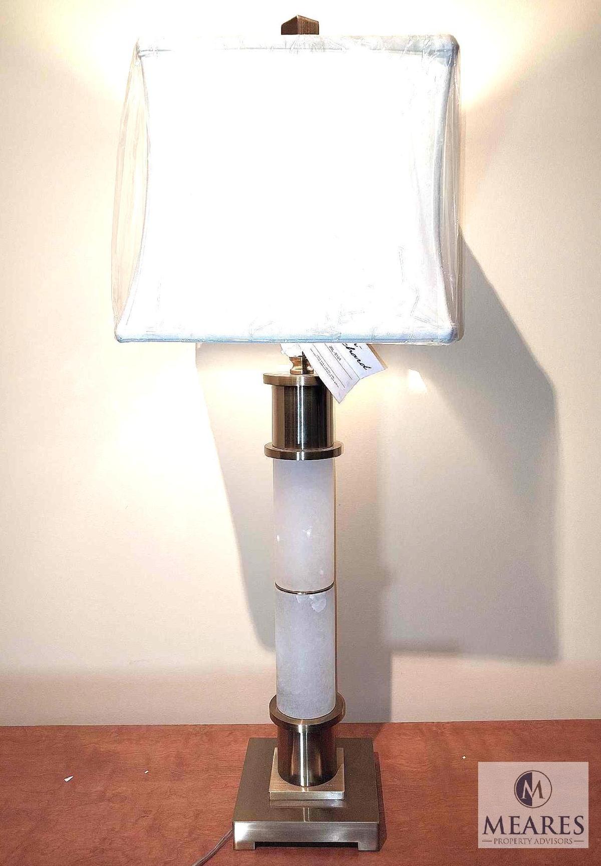 John Richard Frosted Marble & Antique Brass Table Lamp with White Square Shade 33"