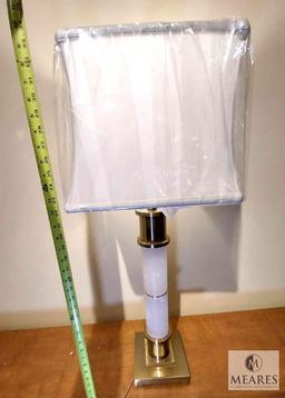John Richard Frosted Marble & Antique Brass Table Lamp with White Square Shade 33"