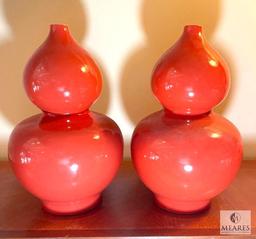 Pair Persimmon Glazed Ceramic Gourd Vases 14" Tall