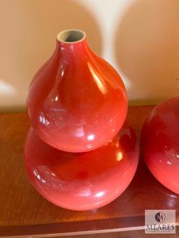 Pair Persimmon Glazed Ceramic Gourd Vases 14" Tall