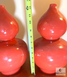 Pair Persimmon Glazed Ceramic Gourd Vases 14" Tall