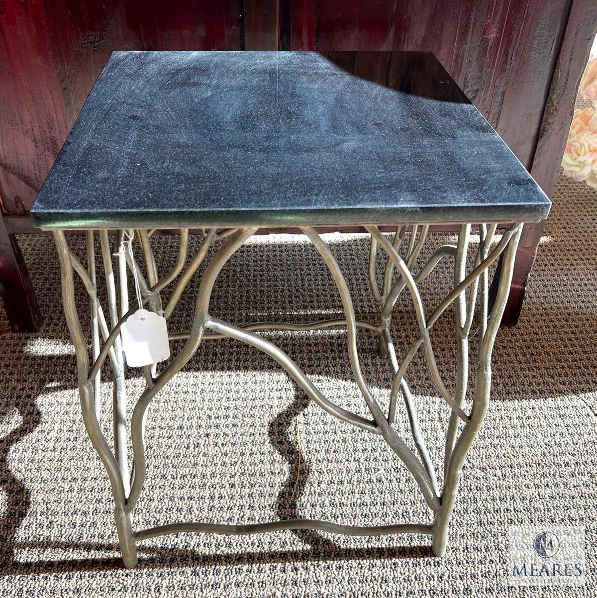 Appalachian Black Marble Side Table with Silver Tone Metal Twig Legs