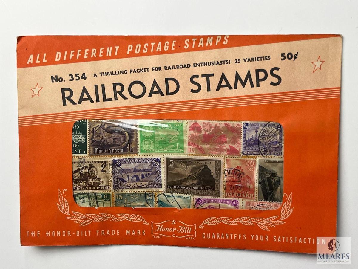 Railroad Stamps, 25 Different Stamps, A Thrilling Packet For Railroad Enthusiasts, Unopened Envelope