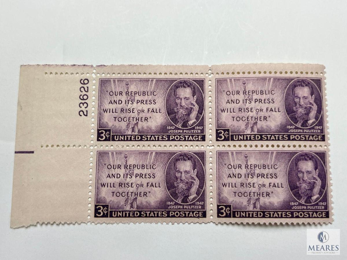 #946 - 1947 3c Joseph Pulitzer Plate Block of Four Stamps