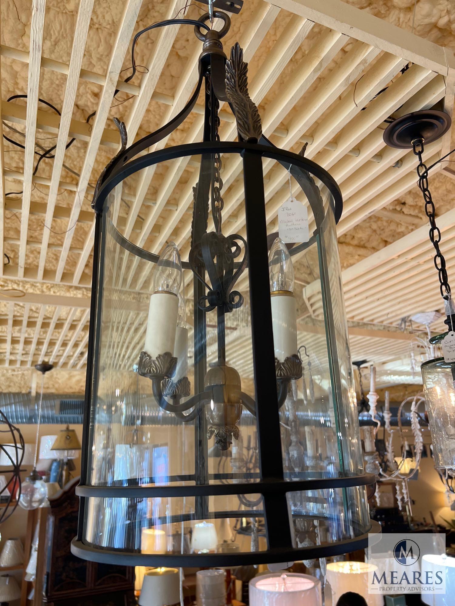 Iron and Bronze Feather Lantern with Clear Glass Globe