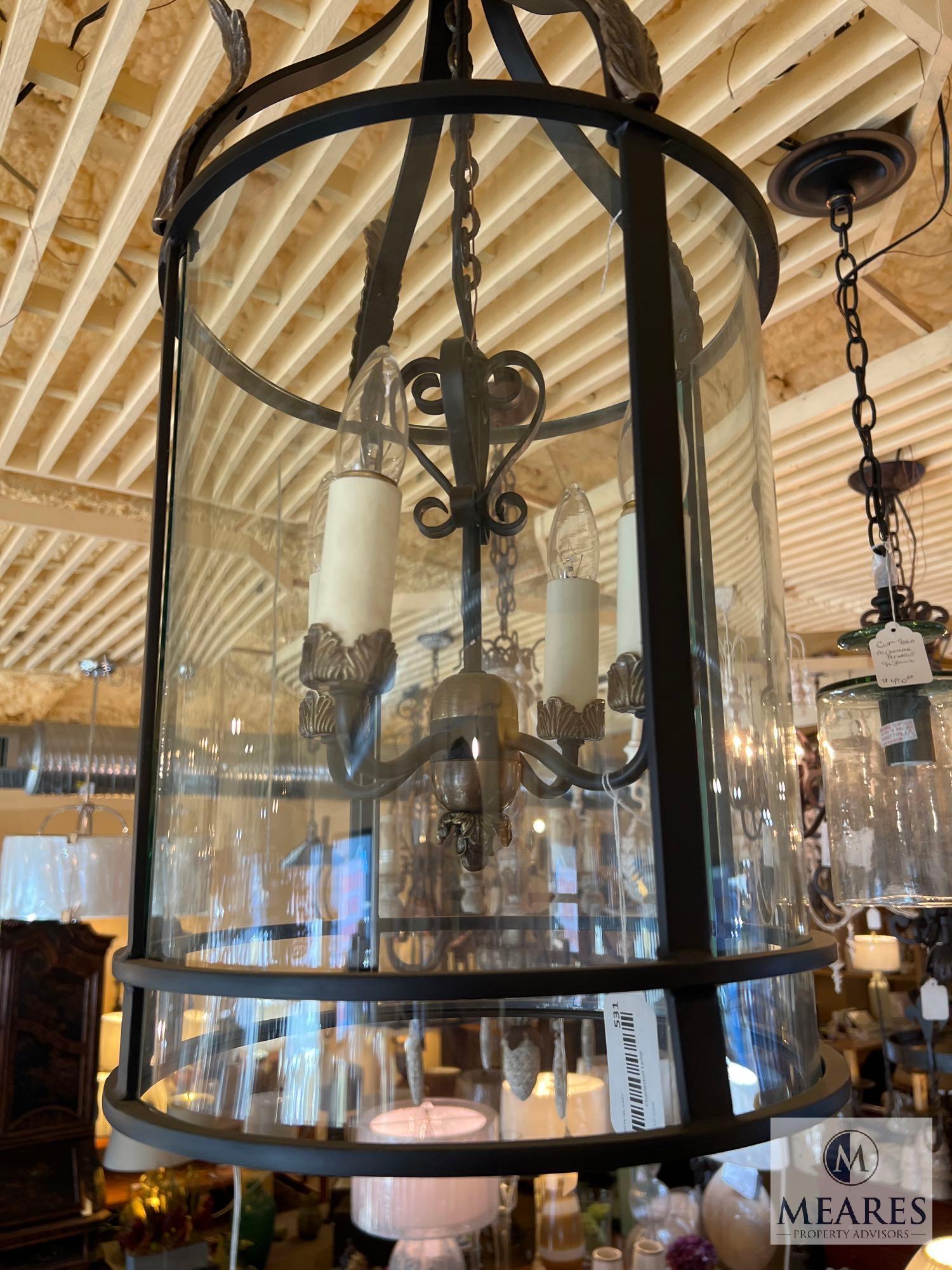Iron and Bronze Feather Lantern with Clear Glass Globe