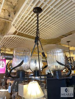 Jan Barboglio Iron Three Light Chandelier with Swirled Glass Shades