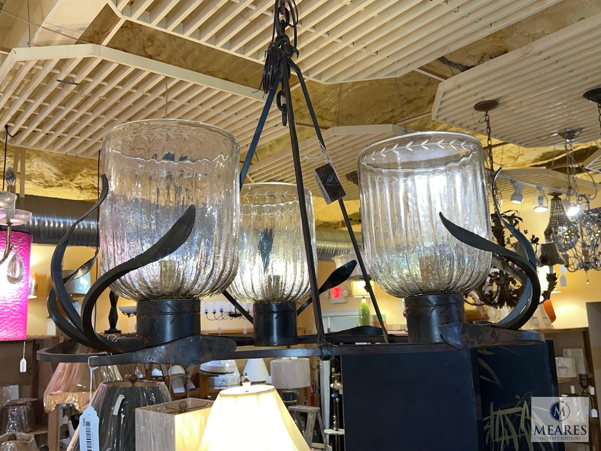 Jan Barboglio Iron Three Light Chandelier with Swirled Glass Shades