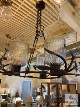 Jan Barboglio Iron Three Light Chandelier with Swirled Glass Shades