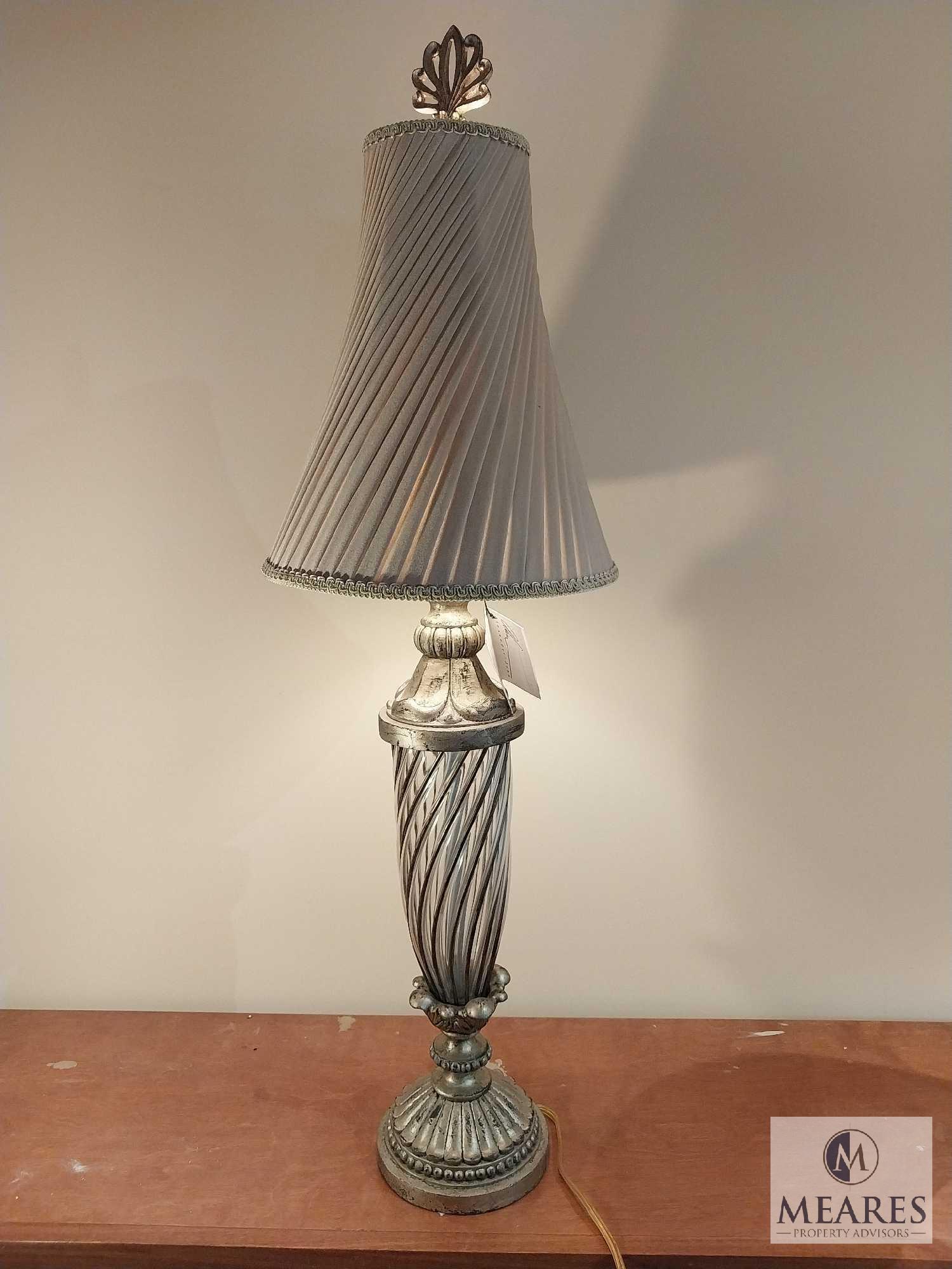Alexander John Swirled Glass and Silver Tone Buffet Lamp with Swirl Pleated Deep Bell Shade 36"