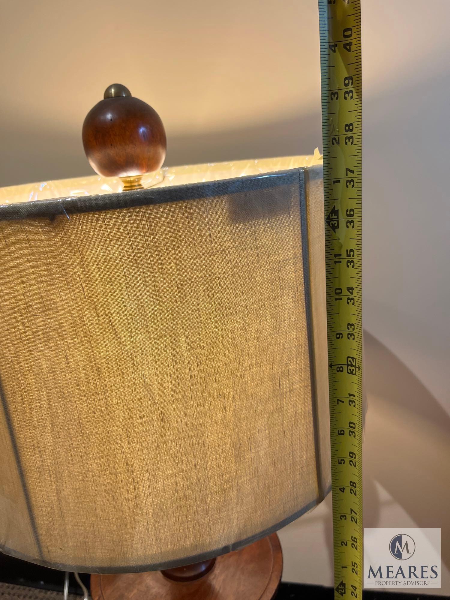 John Richard Bobeche Wood Candle Stick Buffet Lamp with Beige Drum Shade 38"