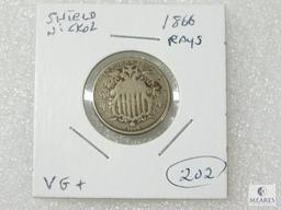 1866 Rays Shield Nickel - VG+