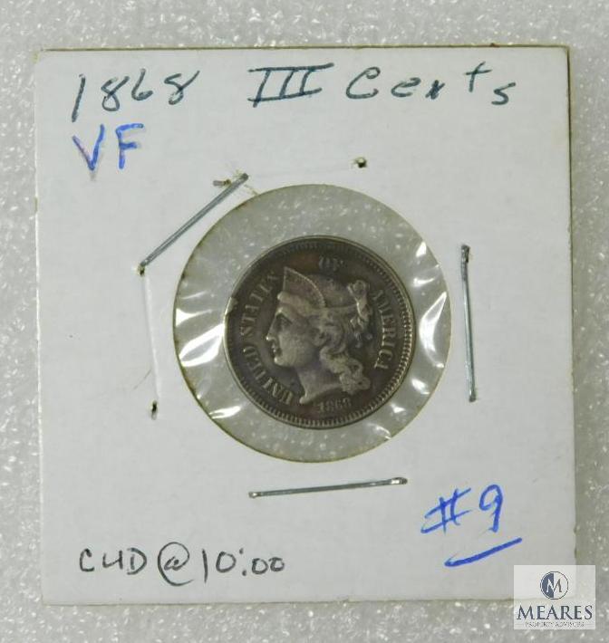 1868 3 Cent Piece, VF, Small CUD At 10:00, Errors Scarce On This Type