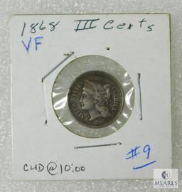 1868 3 Cent Piece, VF, Small CUD At 10:00, Errors Scarce On This Type