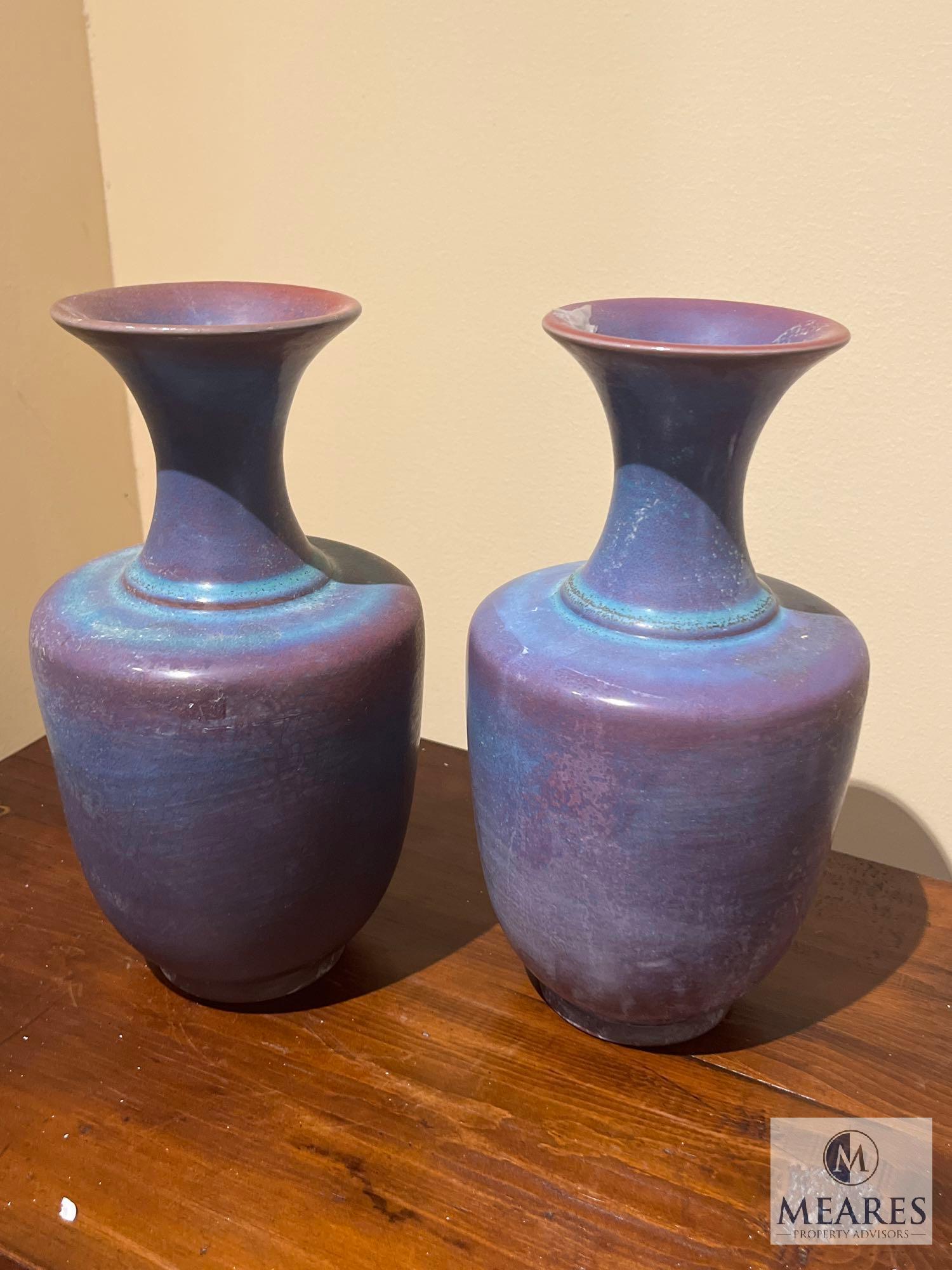 Pair Long Neck Multicolor Blue/Lilac Vases, #586